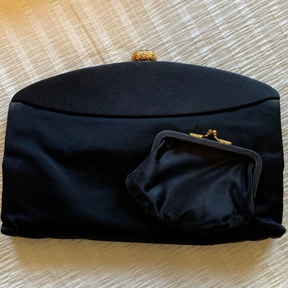 VTG Crown Lewis Black Evening Clutch & Change Purse Set Gold Latch Formal - Picture 1 of 5